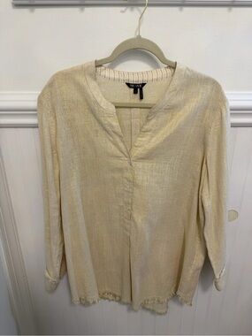 NIC+ZOE Cream Metallic Split-Neck Button Down Blouse